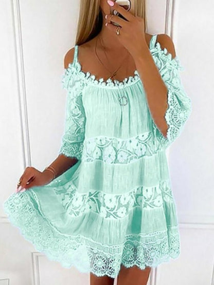 Lace Dress Bohemian Women Mini Dress 2022 Hollow Out Sweet Short 03 Green