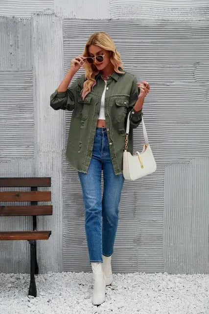 Washed Denim Jacket for Women Army Green S