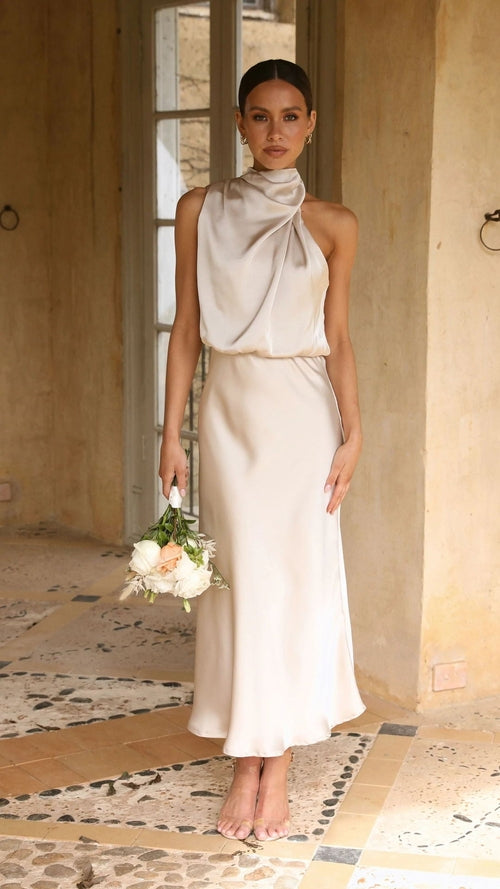 Sleeveless Satin Halterneck Solid Color Women's Dress Apricot