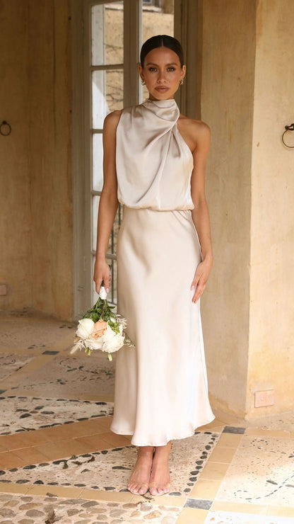 Sleeveless Satin Halterneck Solid Color Women's Dress Apricot