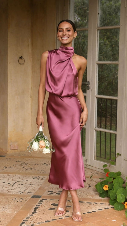 Sleeveless Satin Halterneck Solid Color Women's Dress Rose