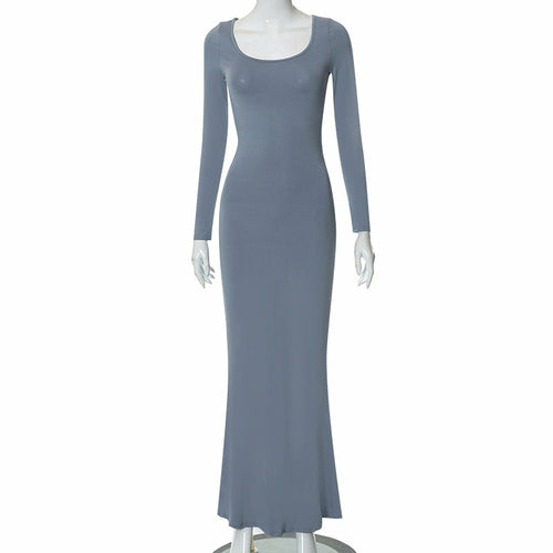 Casual Long Sleeve High Waist Bodycon Maxi Dress Blue