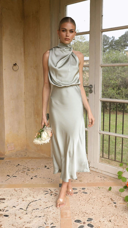 Sleeveless Satin Halterneck Solid Color Women's Dress