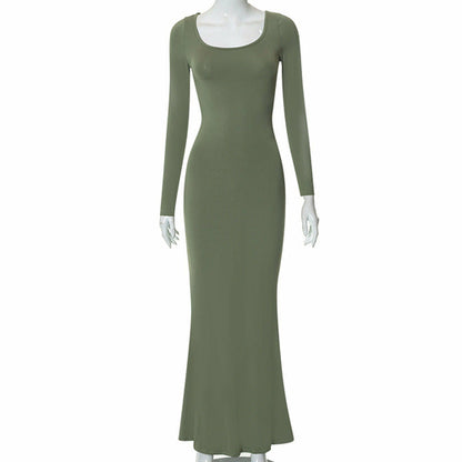 Casual Long Sleeve High Waist Bodycon Maxi Dress Green