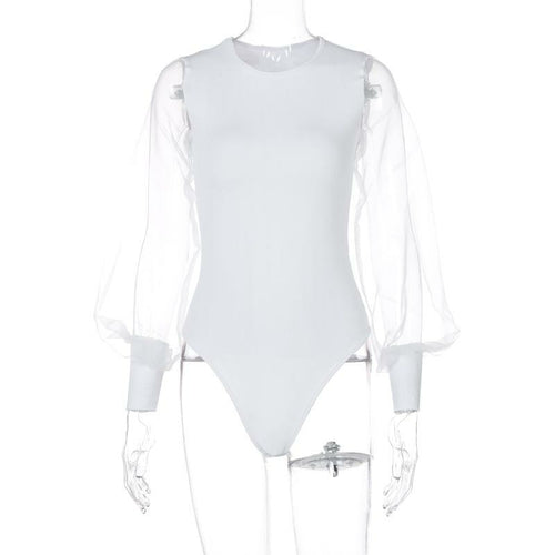 Patchwork Mesh Sleeve Women Bodysuit white