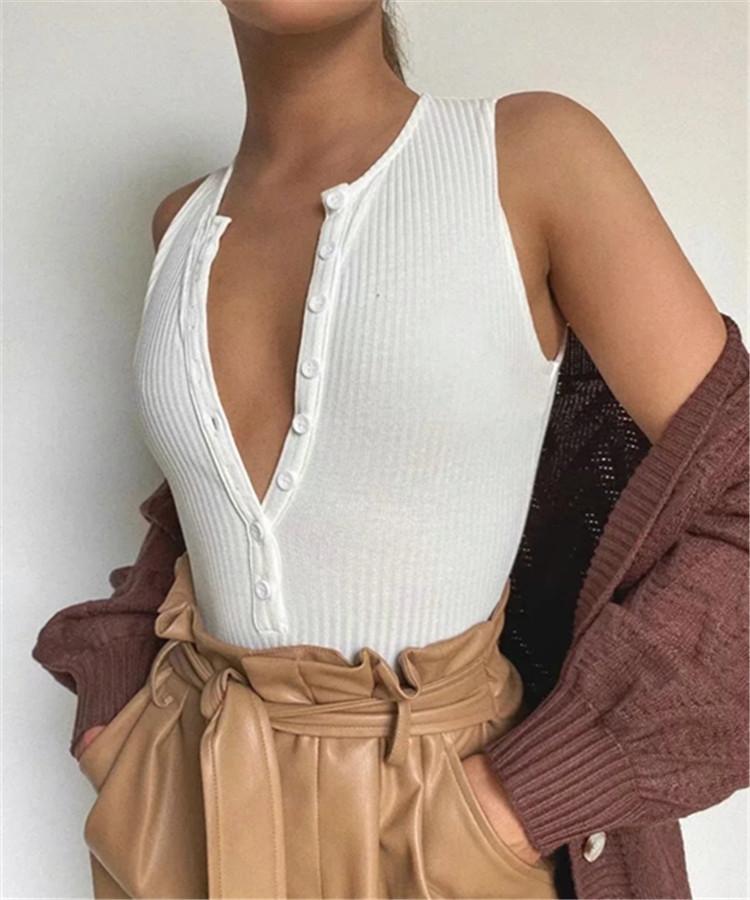 Women Sleeveless Knitted Single-button Bodysuit