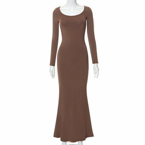 Casual Long Sleeve High Waist Bodycon Maxi Dress Brown