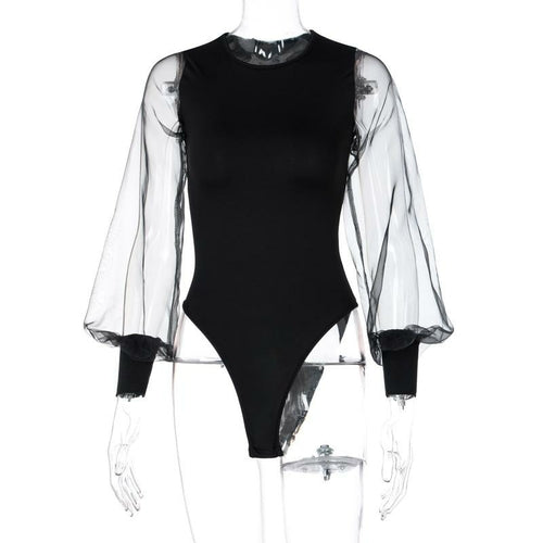 Patchwork Mesh Sleeve Women Bodysuit black