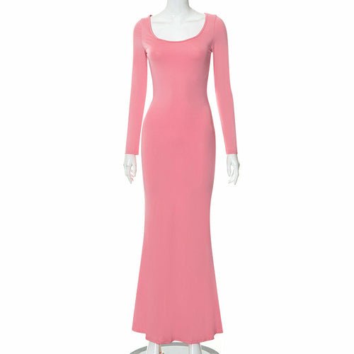 Casual Long Sleeve High Waist Bodycon Maxi Dress Pink