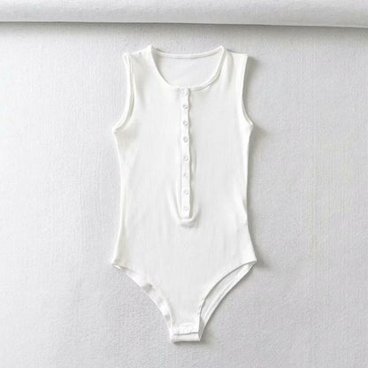 Women Sleeveless Knitted Single-button Bodysuit white