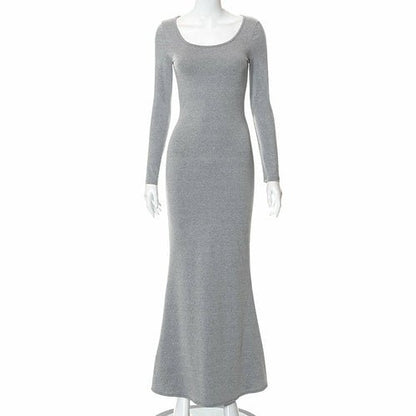 Casual Long Sleeve High Waist Bodycon Maxi Dress Grey