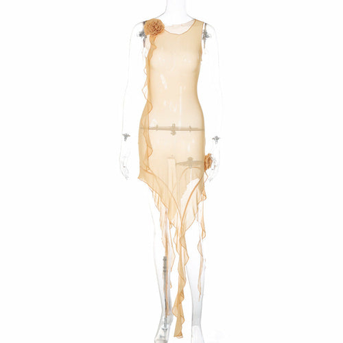 Sexy Sheer Backless Lace-up Mesh Patchwork Dress apricot