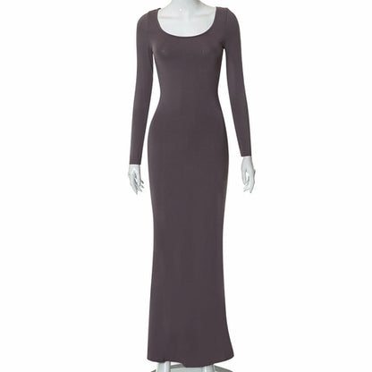 Casual Long Sleeve High Waist Bodycon Maxi Dress Purple