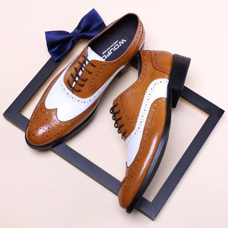 Men's Black and White Pointed Toe Leather Shoes