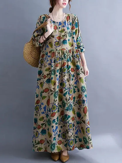 Floral Print Long Sleeve Dresses Green XXL