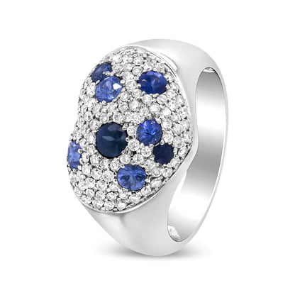 18K White Gold Blue Sapphire and 5/8 Cttw Diamond Cluster Heart Shaped Ring (F-G Color, VS1-VS2 Clarity)