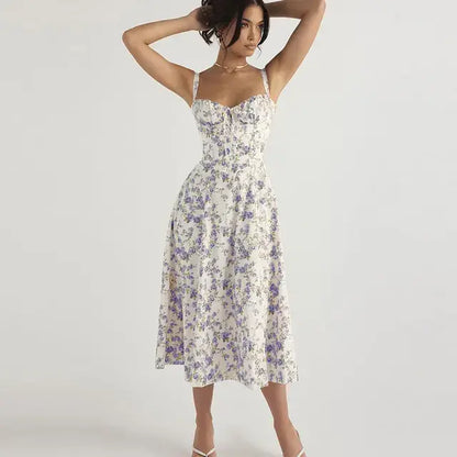 Summer Floral A-line Dress Blue White L