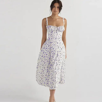 Summer Floral A-line Dress Purple Leaves White M