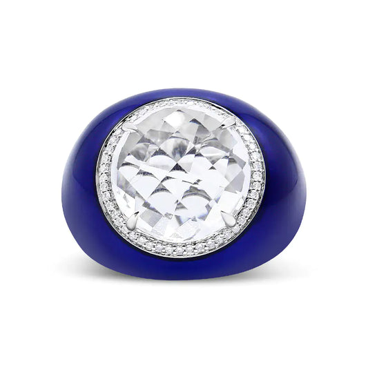 18K White Gold 14mm White Quartz and 1/5 Cttw Diamond Halo with Blue Enamel Dome Ring (F-G Color, VS1-VS2 Clarity)