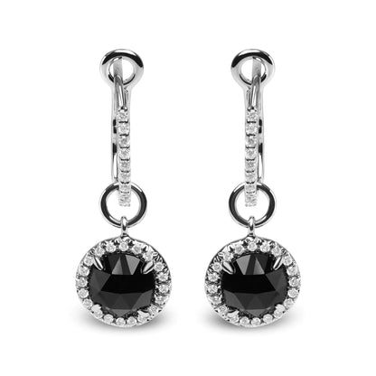 18K White Gold 1/3 Cttw Diamond and 7mm Round Black Onyx Gemstone Halo Dangle Hoop Earrings (G-H Color, SI1-SI2 Clarity)