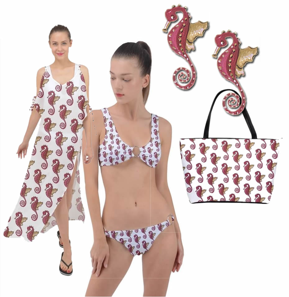 Red Seahorse Pattern Classic Bikini Ring Detail Crop Bikini Set