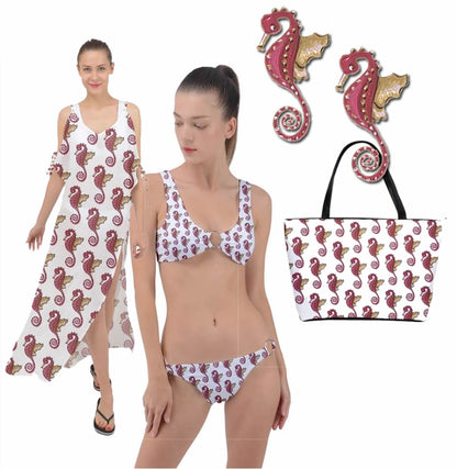 Red Seahorse Pattern Classic Bikini Ring Detail Crop Bikini Set