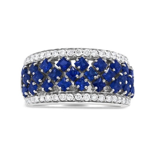 18K White Gold 3/8 Cttw Diamond and 2x2mm Princess Cut Blue Sapphire Fashion Band Ring (F-G Color, VS1-VS2 Clarity)