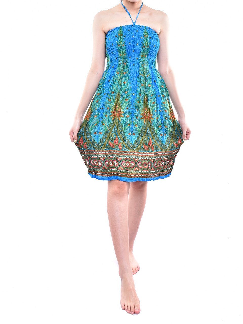 Bohotusk Sky Blue Peacock Print Short Mini Tube Dress With Tie Neck