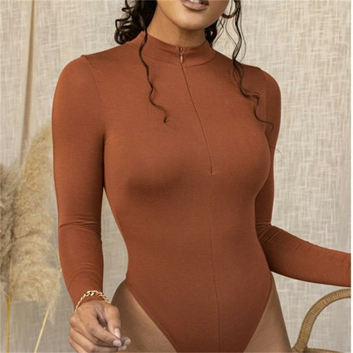 Women Sexy Mock Neck Long Sleeve Bodysuit brown