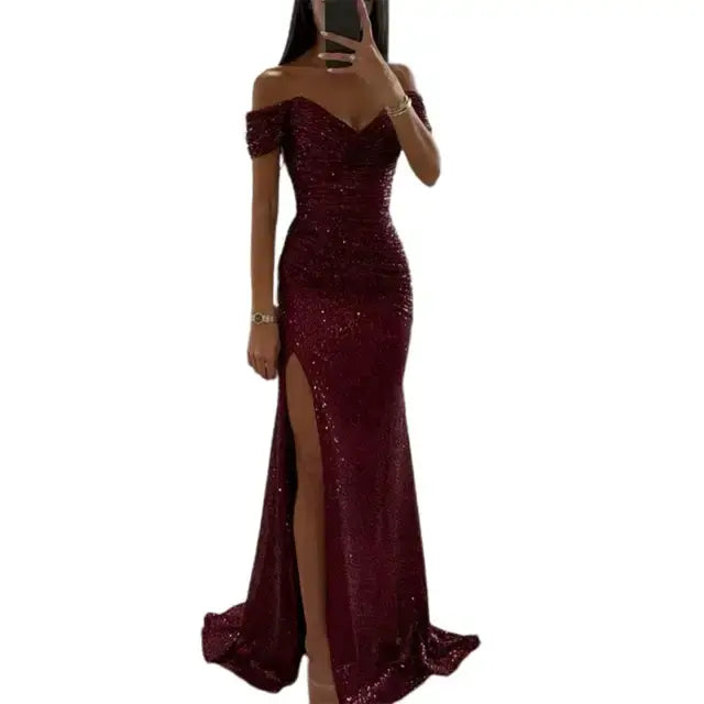 Sequined Elegant Dress Wine Red S