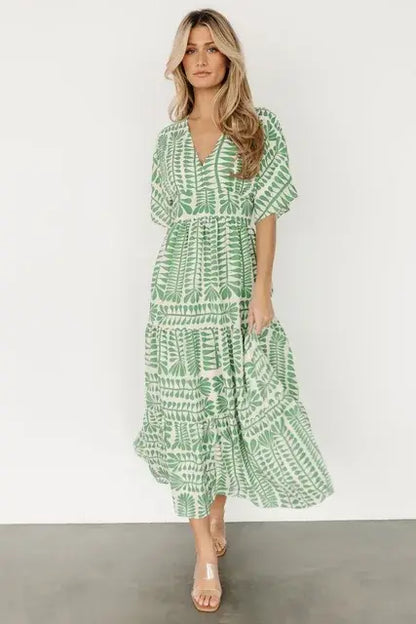 Retro Stripe Short Sleeve Dresses Light Green S