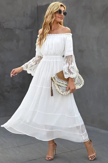 Boho Off-Shoulder Lace Sundress White Small