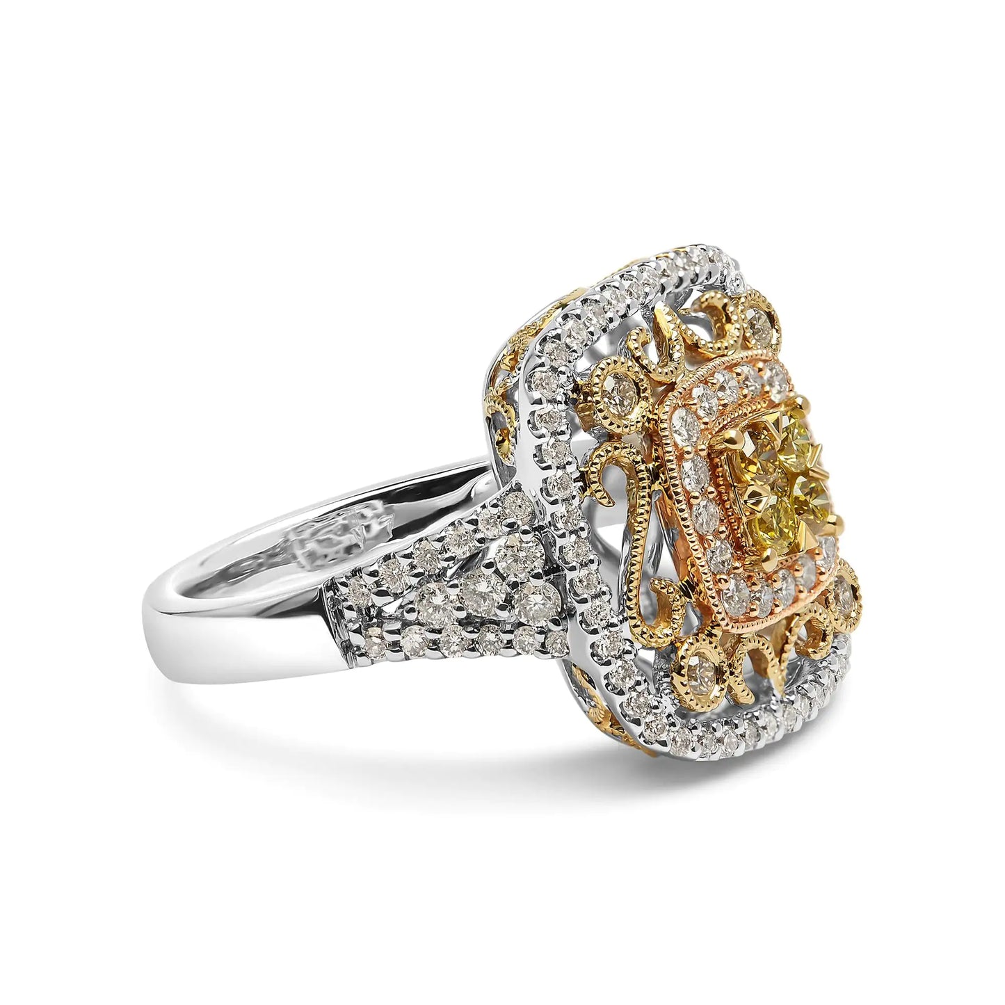 14K Tri-Toned Gold 1.00 Cttw Yellow Diamond Halo and Milgrain Cocktail Cluster Ring (Yellow/G-H Color, SI1-SI2 Clarity) - Ring Size 7