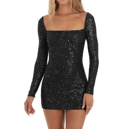 Sequin Long Sleeve Mini Dress Black M