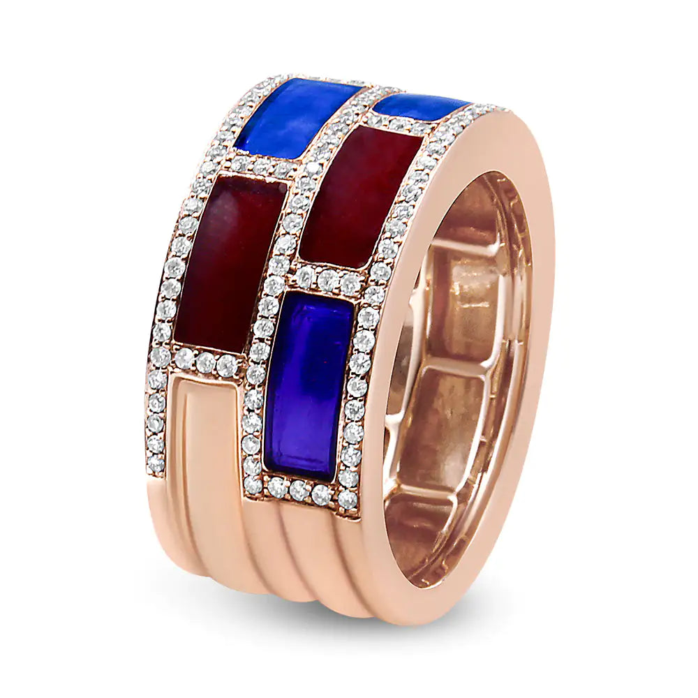 18K Rose Gold Alternating Red and Blue Enamel and 1/2 Cttw Diamond Studded Band Ring (F-G Color, VS1-VS2 Clarity)