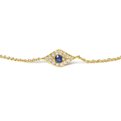 10K Yellow Gold Blue Sapphire and Diamond Accent Evil Eye Station Link Bracelet (H-I Color, I1-I2 Clarity) - Size 7"