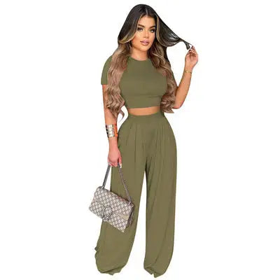 Casual Crop Top Set Army Green Medium