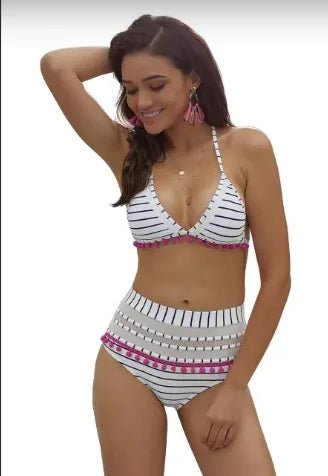 Blue White Striped Pom Pom Bikini Blue White Striped