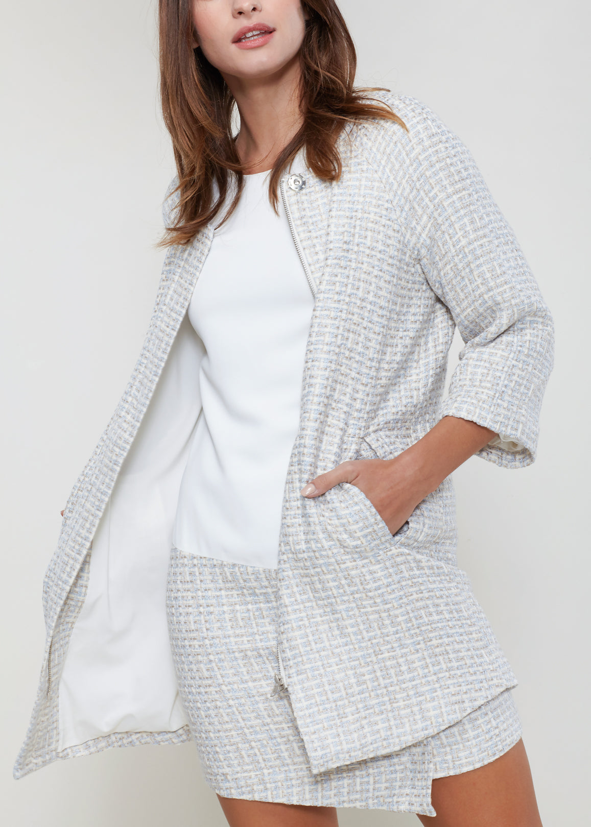 Women's Basket Tweed Longline Jacket In Powdered Blue