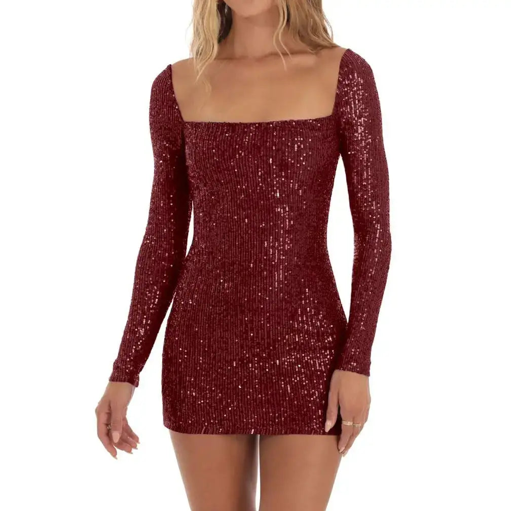 Sequin Long Sleeve Mini Dress Claret S