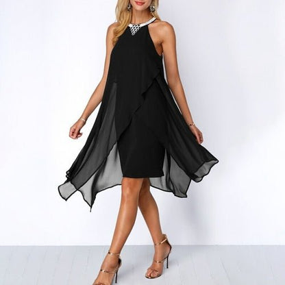 Black Cocktail Dress Summer Round Neck Fashion Chiffon Sleeveless Black