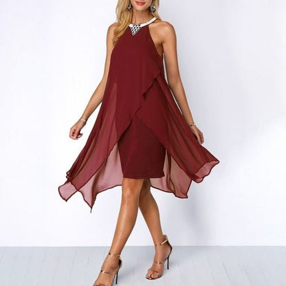 Black Cocktail Dress Summer Round Neck Fashion Chiffon Sleeveless Red Wine