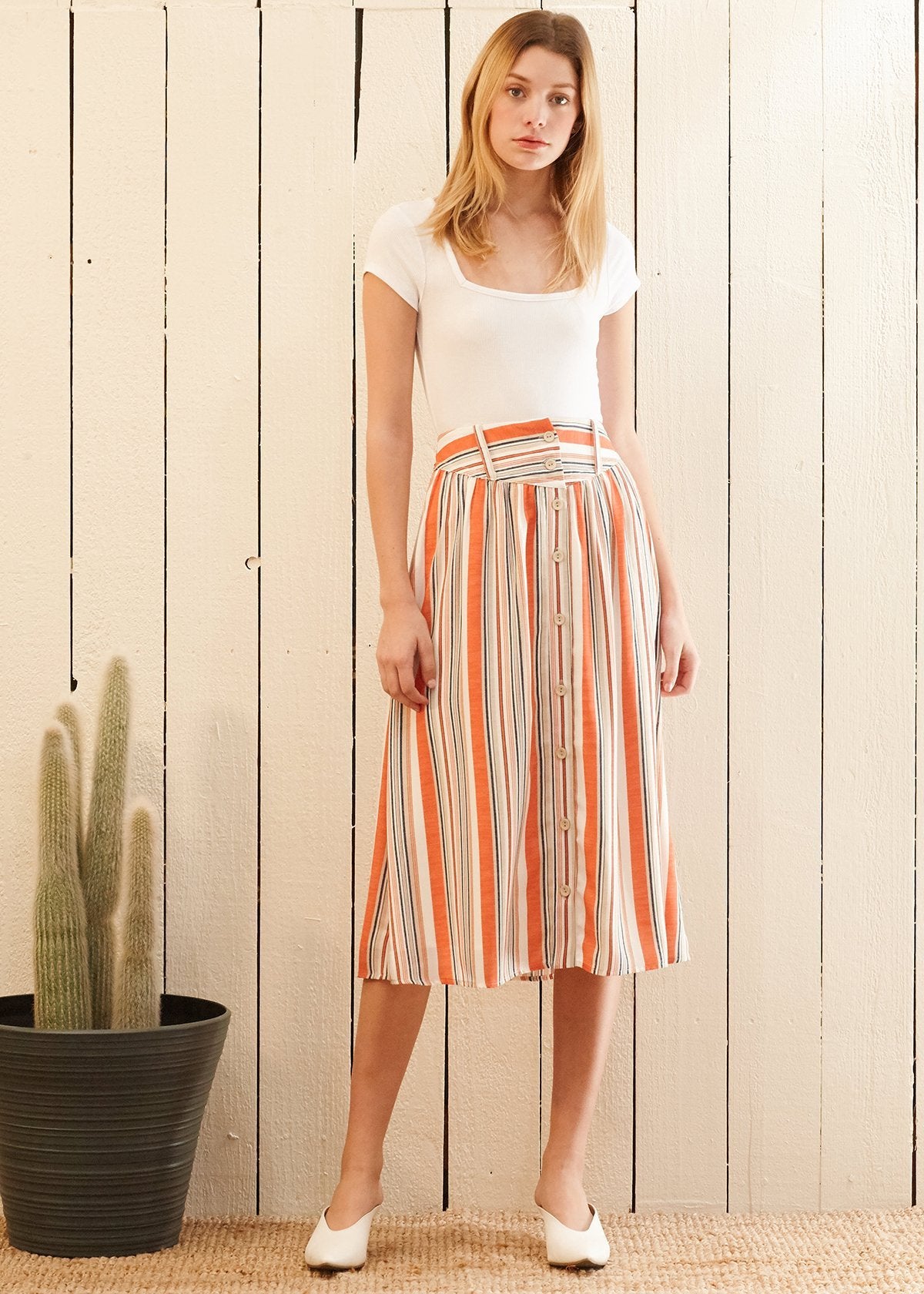 Women's Multi Stripe Button Front Midi Skirt in Rust Multi