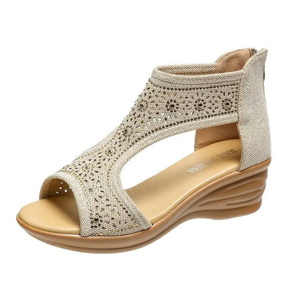 "Summer Wedge Heel Zipper Open Toe Rhinestone Sandals"