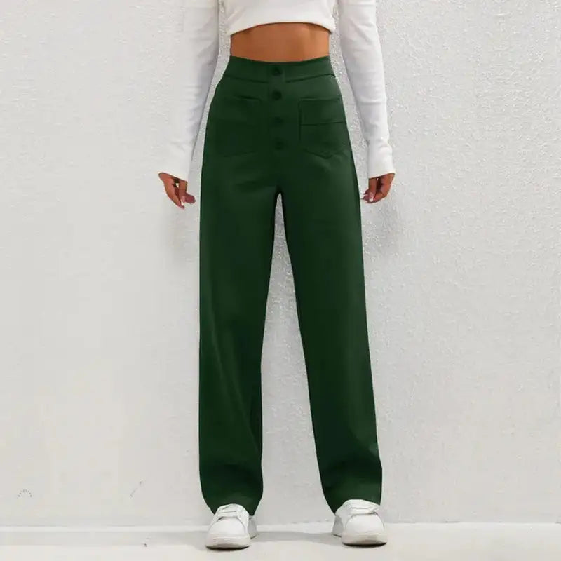 High- Waisted Casual Pants Dark Green XXL