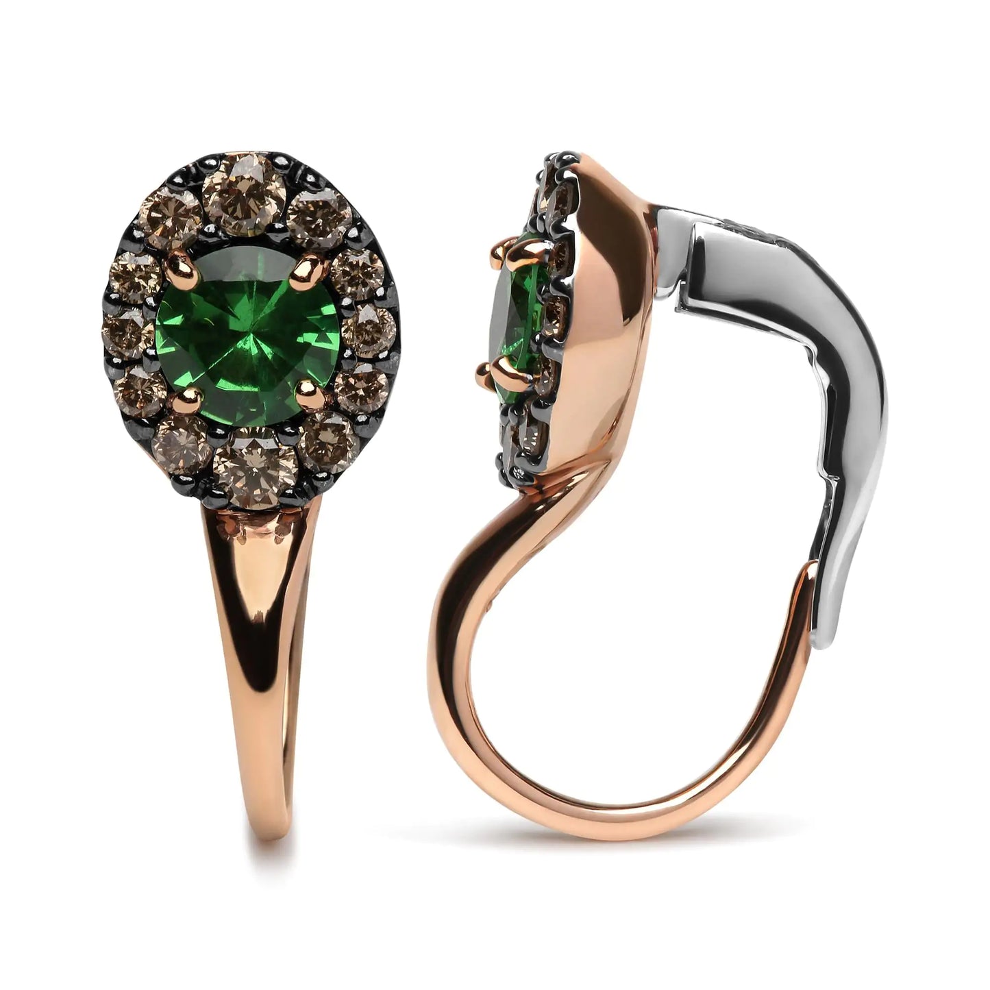 18K Rose and White Gold 3/8 Cttw Round Brown Diamonds and Round Green Tsavorite Gemstone Halo Drop Hoop Earrings (Brown Color, SI1-SI2 Clarity)