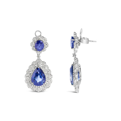 18K White Gold 25.0 Cttw Blue Sapphire and Diamond 4 5/8 Cttw Diamond Halo Dangle Earring (G-H Color, SI1-SI2 Clarity)