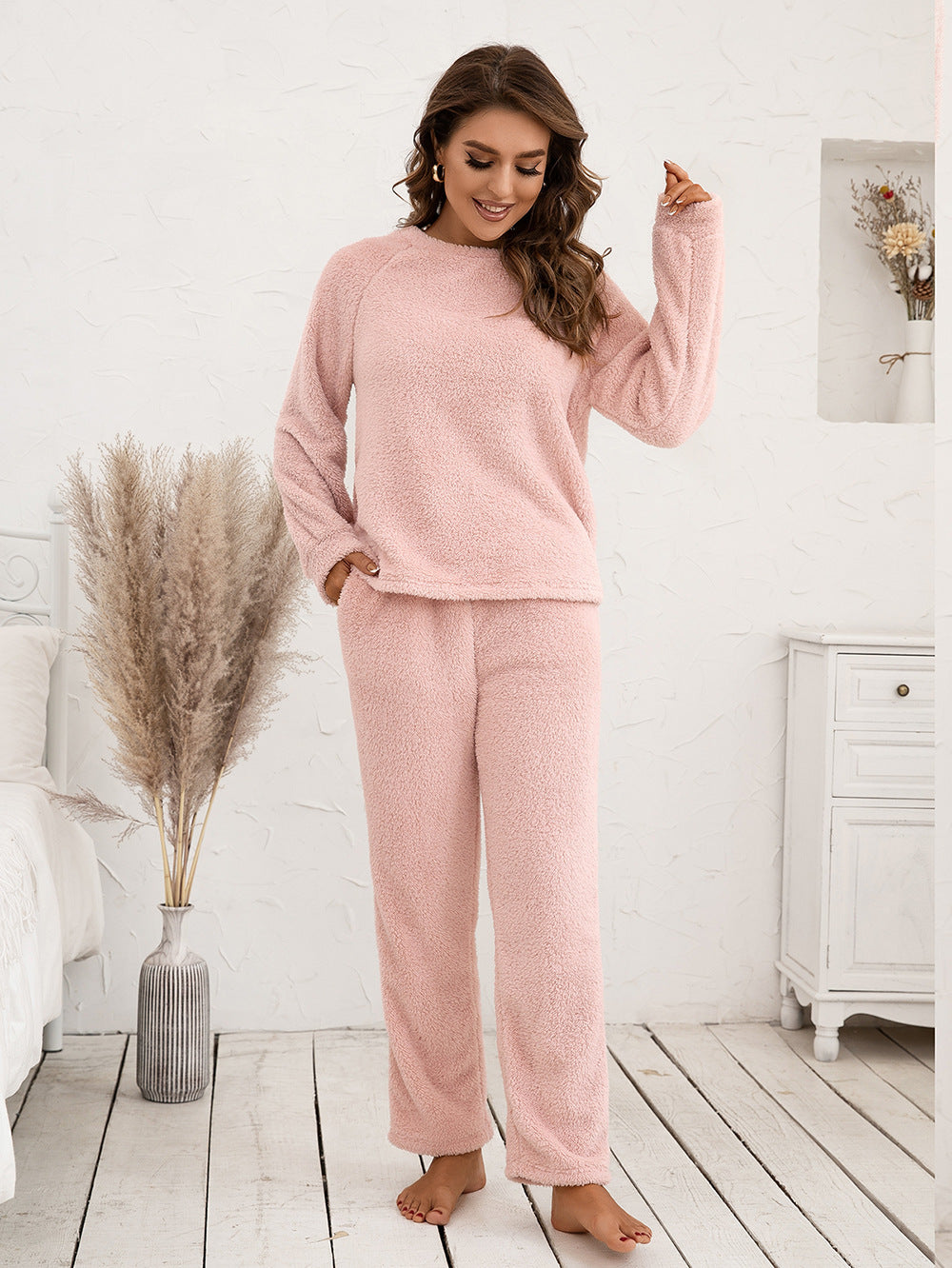 Ivy Lane Teddy Long Sleeve Top and Pants Lounge Set Watermelon pink