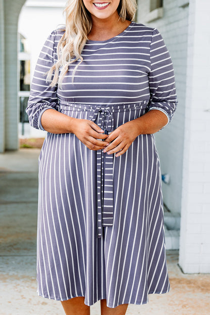 Gray Striped Tie Waist 3/4 Sleeve Plus Size Dress