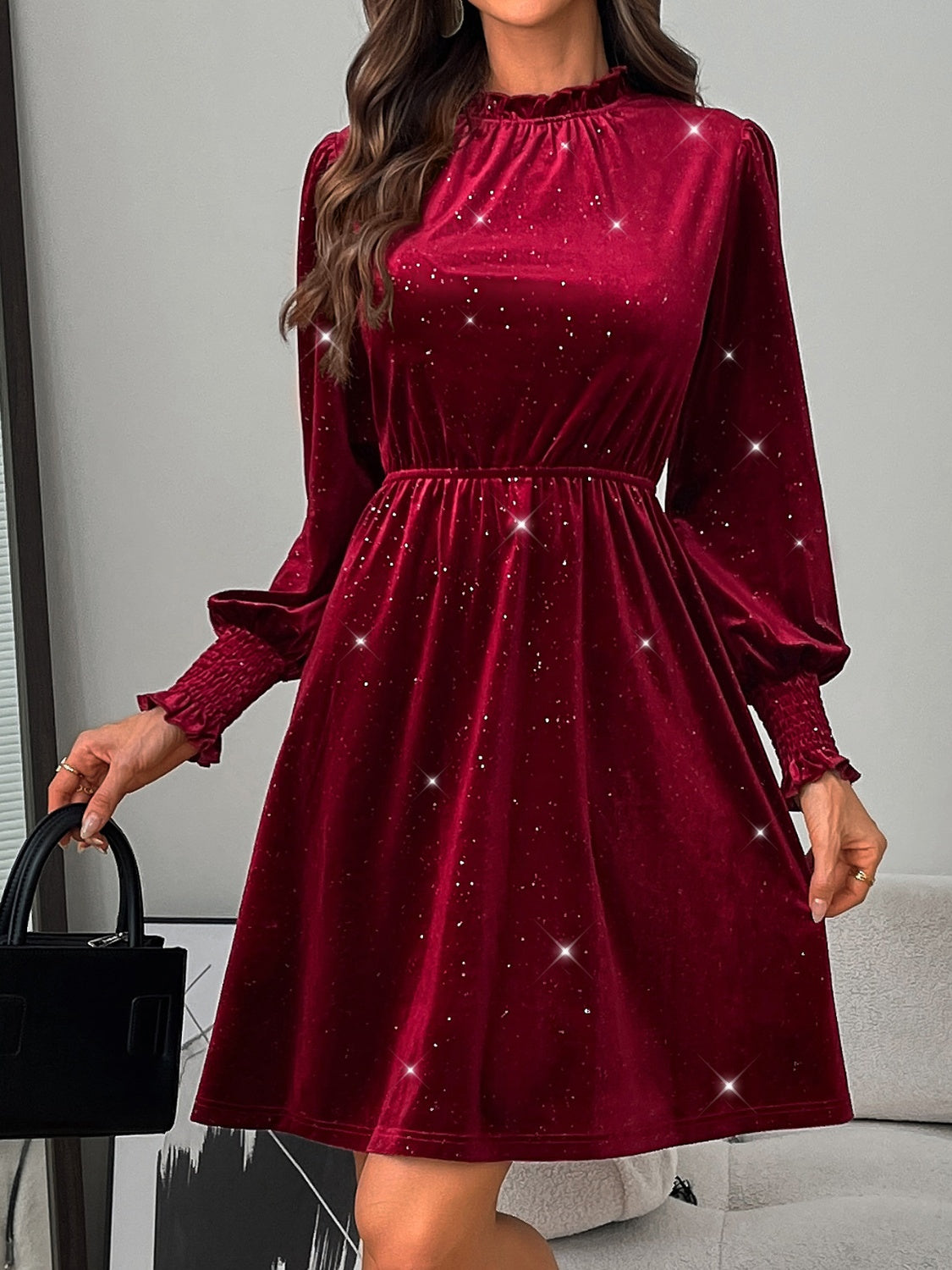 Glitter Mock Neck Long Sleeve Mini Dress Burgundy